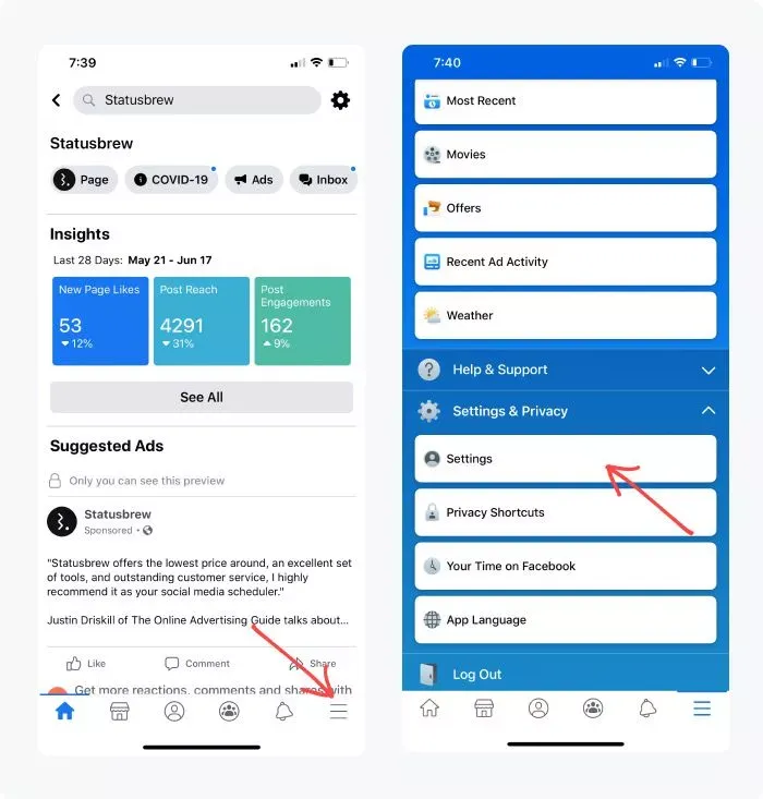 How to access Facebook Settings on iOS