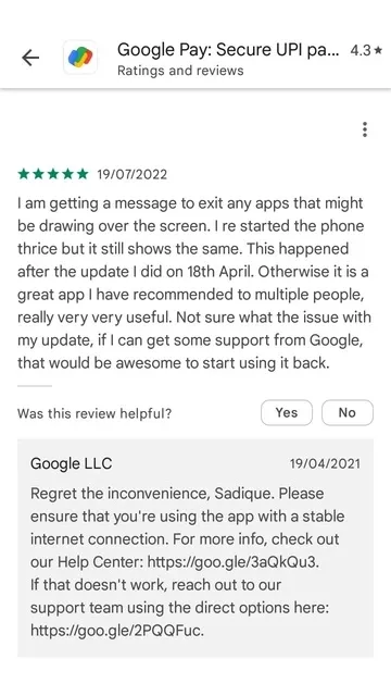 Example of responding to customer's negative review on Google Play Store