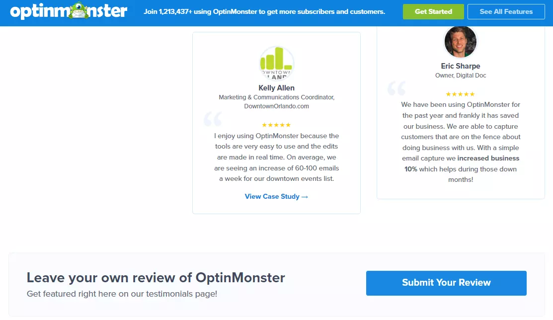 Example of CTA button to ask for reviews on website