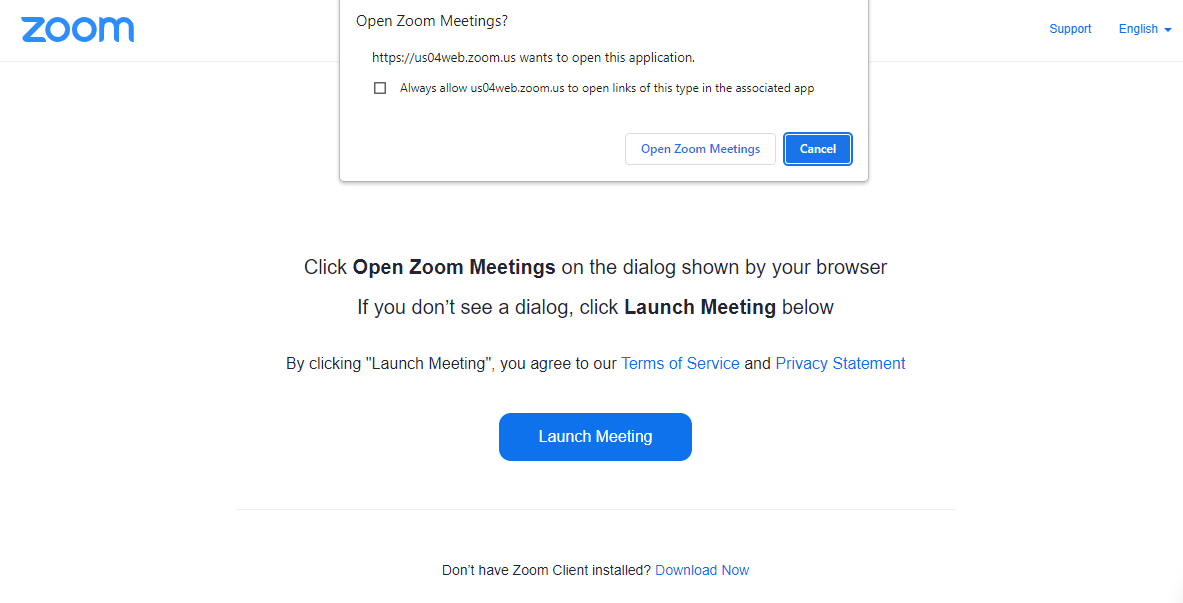 Zoom prompt to download the app