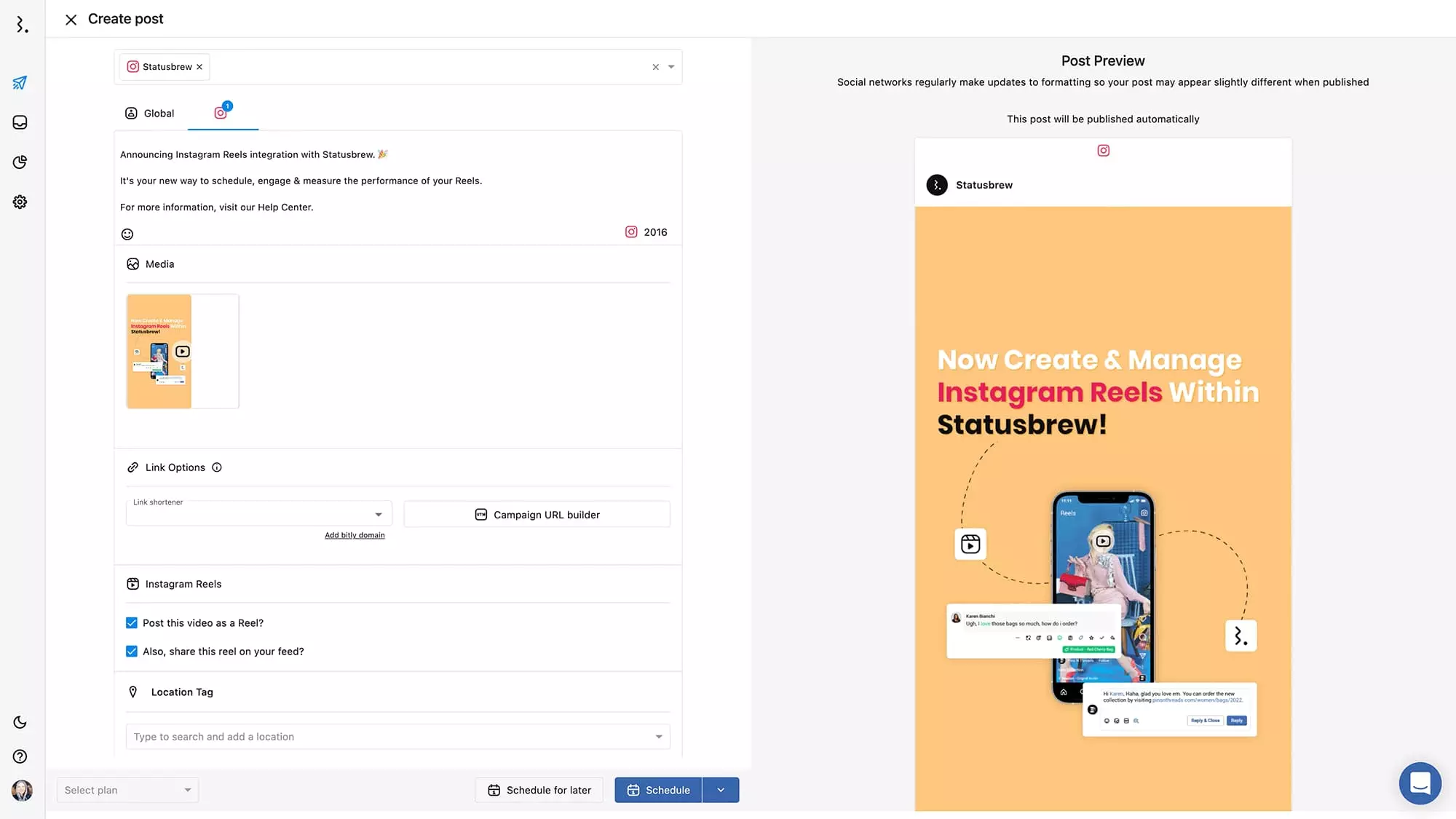 Schedule Instagram Reel Using Statusbrew