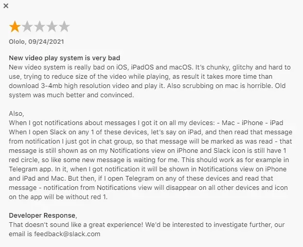 Example of App Store negative review with a response from developer