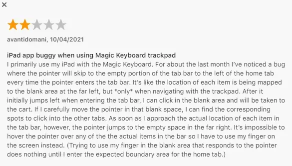 Example of App Store negative review depicting feedback