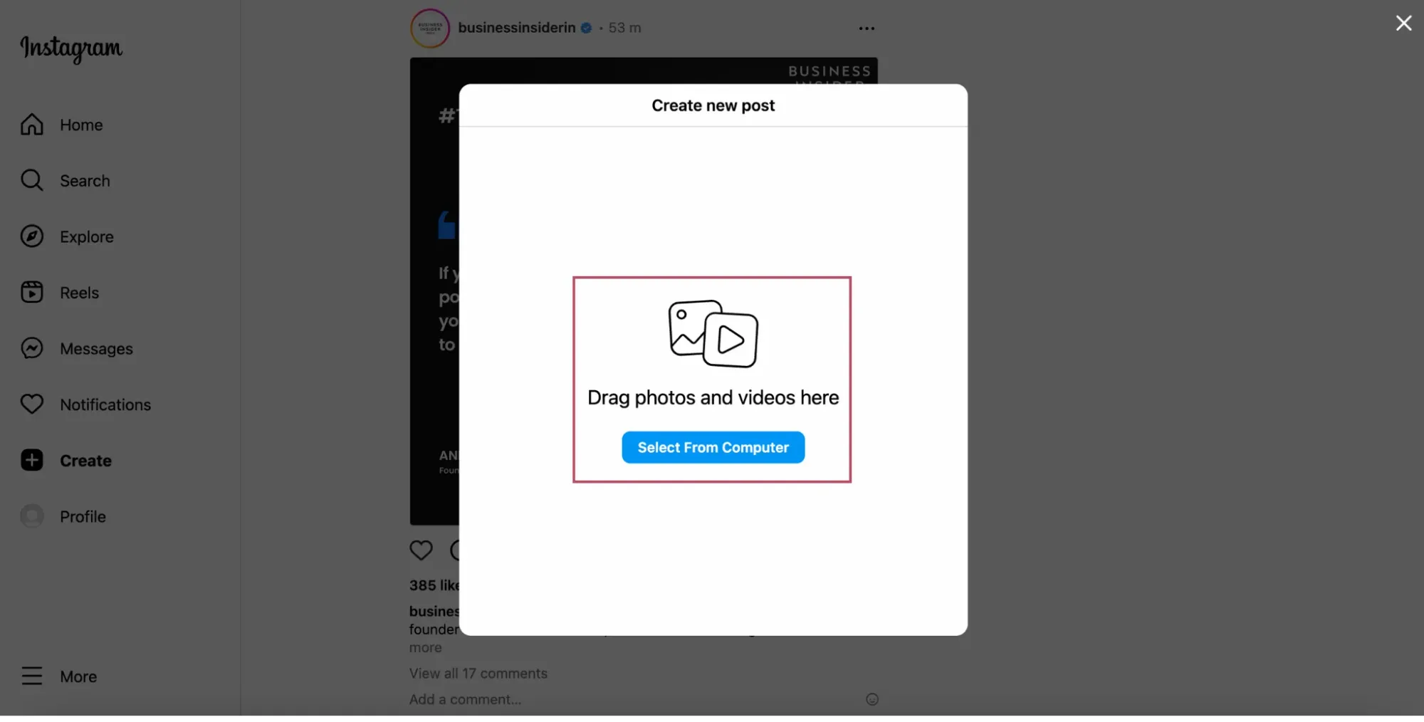 Post Reels On Instagram From PC Step 3